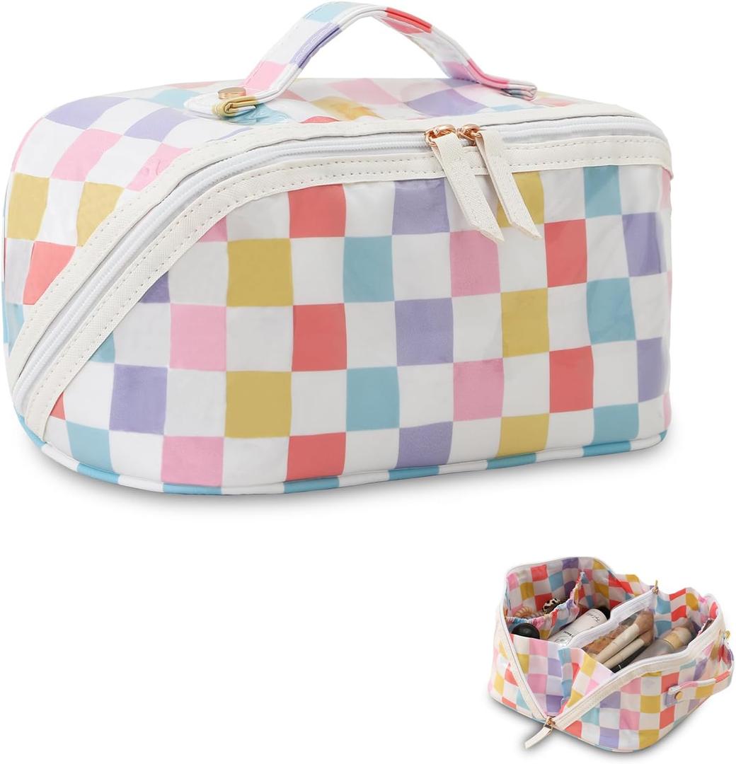 DYSHAYEN Travel Makeup Bag with Compartments Clear Coated Cosmetic Bag for Women, Waterproof Portable Open Flat Toiletry bag Rainbow Gingham