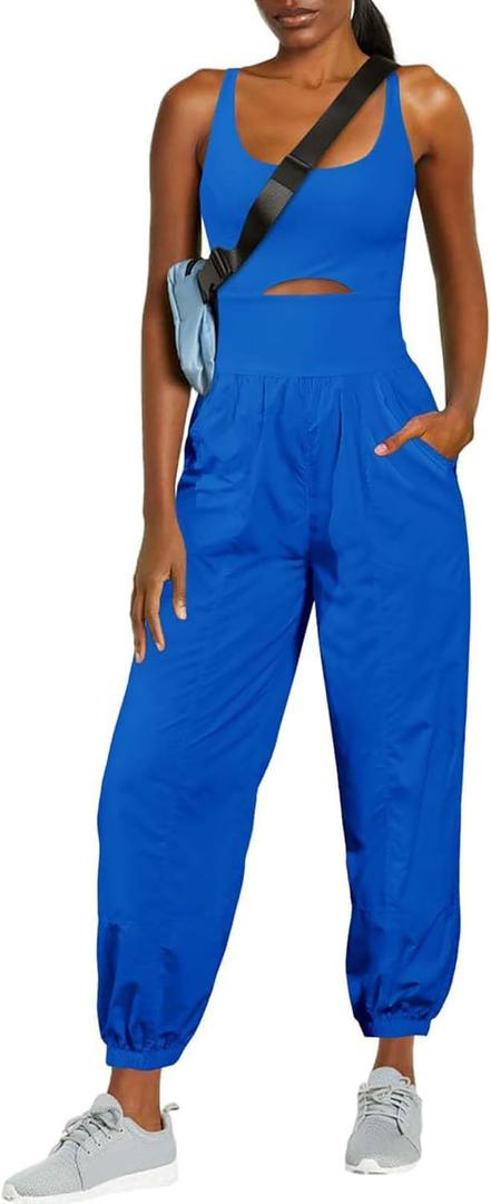 ReachMe Womens Running Onesie Athletic Romper Pants Hiking Outfits One Piece Workout Jumpsuits with Pockets (Medium, Royal)