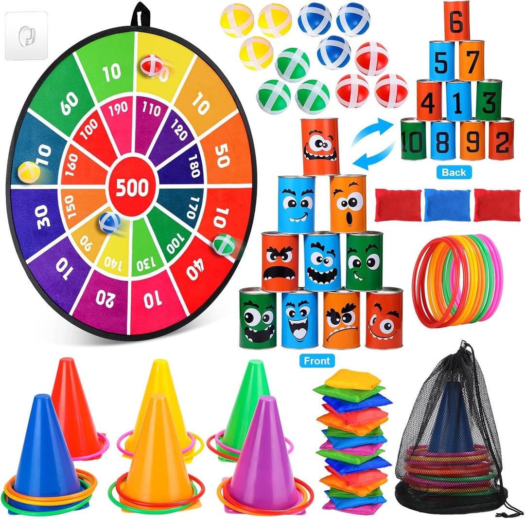 Hungdao 3 Sets Carnival Games Combo Set, Dart Board with Balls Plastic Cones Ring Bean Bags Toss Game for Boys Girls Adults Family Birthday Yard Indoor Outdoor