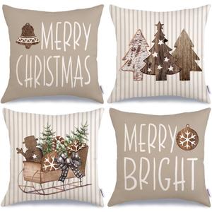 GEEORY Christmas Pillow Covers 18 x 18 Inch Set of 4, Striped Wooden Tree Snow Sleigh Merry Bright Xmas Holiday Decor Decorative Throw Cushion Case Decoration for Home Party Sofa Couch (Brown)