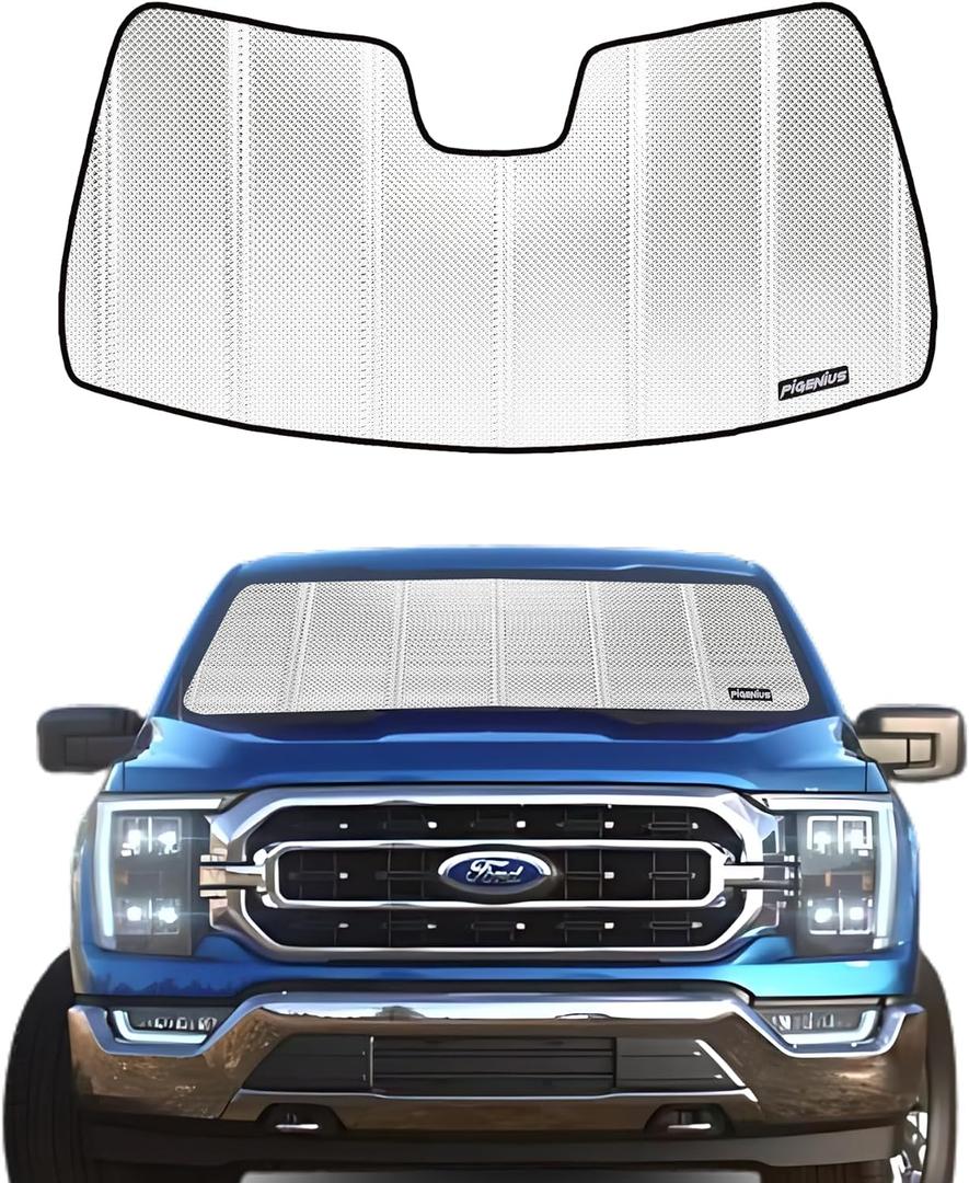 Windshield Sun Shade for Ford F150 2015-2020. Reflective Aluminum Film Front Window Sunshade - BLAZBLOCK (Shiny SilverClassic)