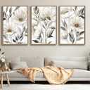 yearainn Floral Framed Wall Art - Beige White Flower Canvas Pictures Wall Decor Modern Blossom Painting Artwork Elegant Botanical Prints Living Room Home Decor Natural Wood Frame 24 x 16in * 3