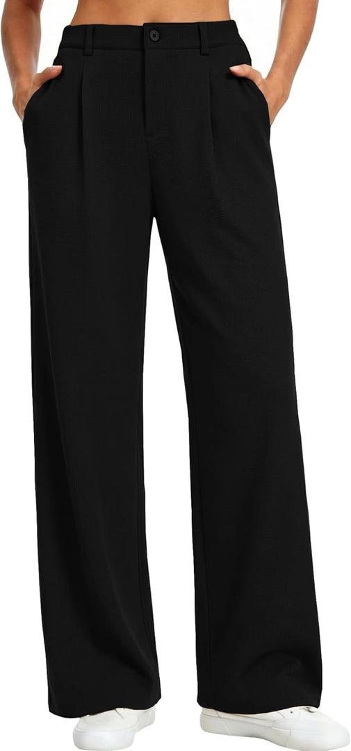 Feiersi Womens Wide Leg Pants Stretchy Work Dress Pants High Waist Business Casual Slacks Trousers 28" (Medium, 01 Black)