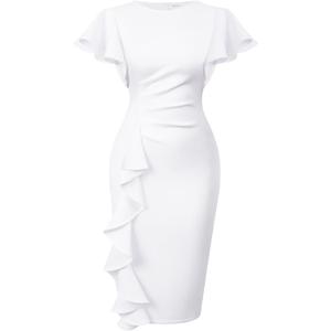 Memoriesea Women's Vintage Church Ruffle Sleeve Ruched Bodycon Work Midi Pencil Dress (Medium, White)