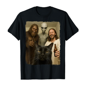 Cat Selfie Bigfoot Jesus Alien T-Shirt, M
