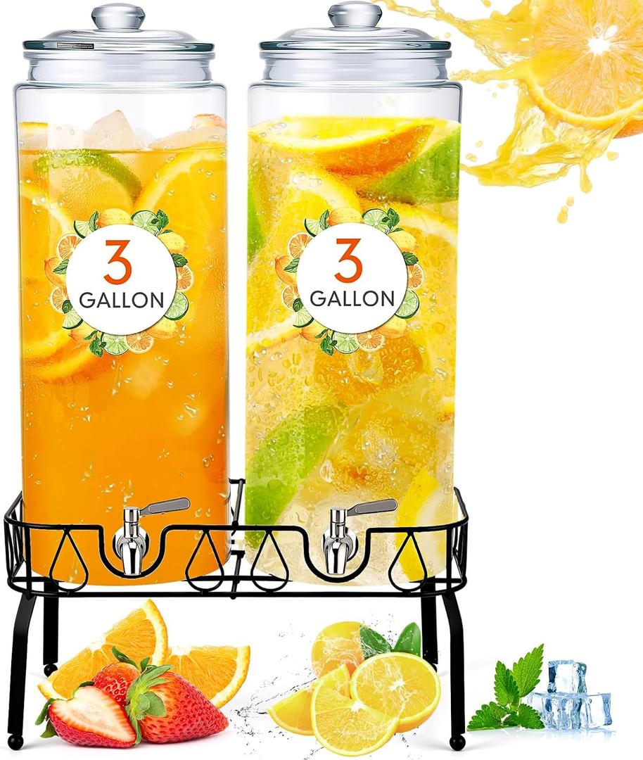 Honeydak 2 Pack 3 Gallon Glass Beverage Dispenser with Stand and Spigot Leakproof Glass Drink Beverage Storage for Valentine's Day Parties Mason Jar Dispenser with Lids