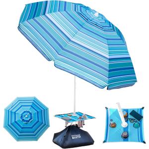 OutdoorMaster Beach Umbrellas with Sandbag & Anchor with 4 Cup Holder, 6.5ft Adjustable Umbrella for Beach Heavy Duty Wind, Portable UPF50+ Sunshade with Carry Bag for Patio,Light Blue With Cup Holder