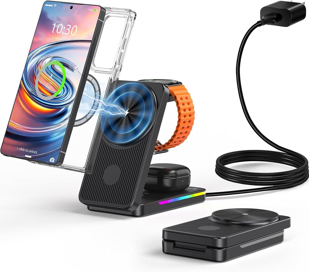 3 in 1 Magnetic Wireless Charger for Samsung, Foldable MagSafe Wireless Charging Station for Samsung Galaxy S25 Ultra/Z Fold7/Flip7/S24, Watch Charger for Galaxy Watch Ultra/8/7/Buds (for Travel) (Black)
