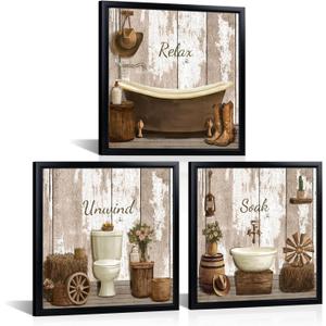 HOMEOART Farmhouse Bathroom Wall Art Western Cowboy Bathroom Wall Decor, Rustic Toilet Restroom Signs,Light-Weight Black Frame, Ready to Hang 12x12inchx3 Pieces