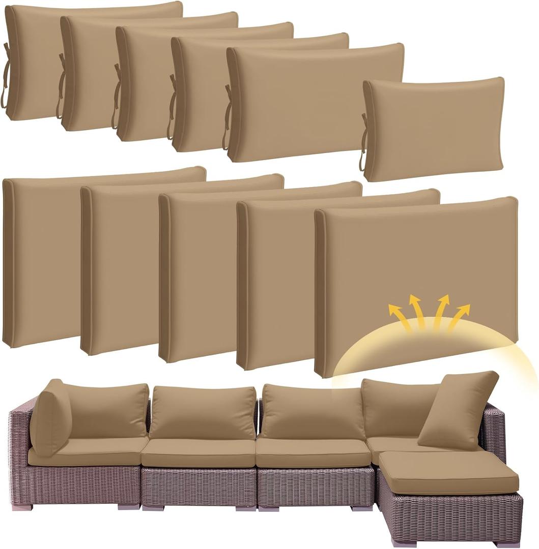 Patelai 11 Pcs Waterproof Patio Cushion Covers for Outdoor Sectional Furniture Wicker Rattan Patio Sofa Couch Chair Seat Pillow Slipcovers, 3 Sizes Covers Only (25.4 x 25.4X 3.54,Coffee)