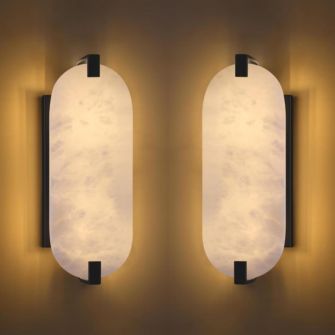 Doraimi Lighting 2 Pack 2 Light 13.7" Oval Alabaster Marble Bathroom Wall Sconce Modern Concise Style Wall Light Fixture,Black Finish for Bedroom Hallway Bedside