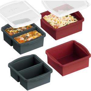 ZIP STANDING Silicone Freezer Trays with Lids, Set of 4 - with 1 Cup and 2 Cup Silicone Freezer Molds for Freezing Soups, Sauces and Individual Microwave Safe (4 Pack Grey and Red)
