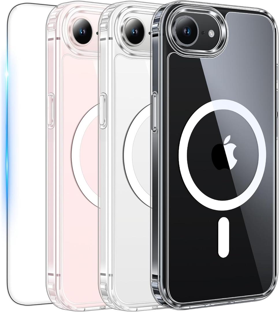 FNTCASE for iPhone 17e & iPhone 16e Case Clear: Magnetic Cases with 1 Pack Screen Protector Compatible with Magsafe Anti Yellowing Shockproof Protective Transparent Cell Phone Cover (A-Clear)