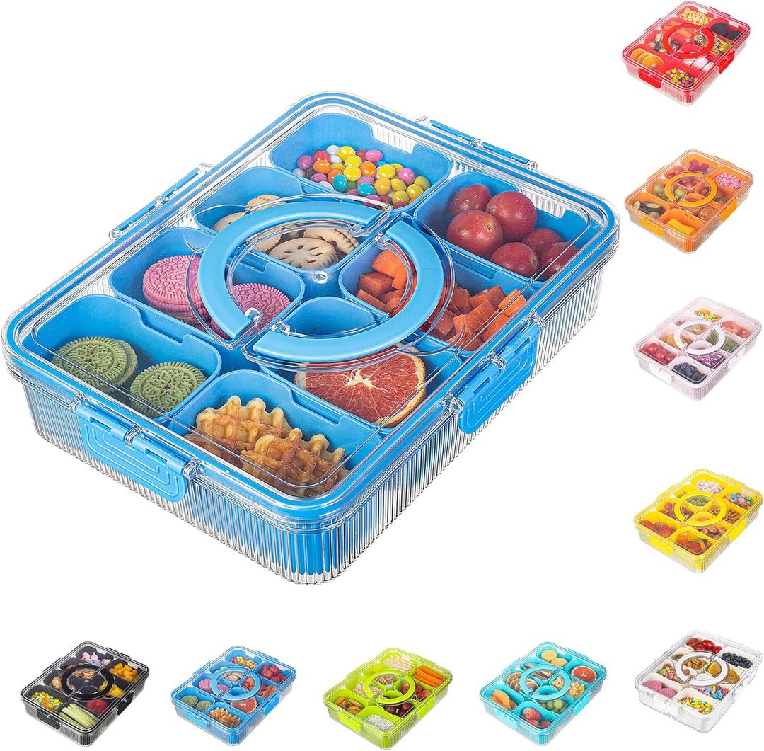 Patent Design Ribbed Snackle Box Container Divided Serving Tray with Lid and Handle -Charcuterie Container Portable Storage Organizer for Candy, Fruit, Beach, Picnics1 pcs, Cerulean