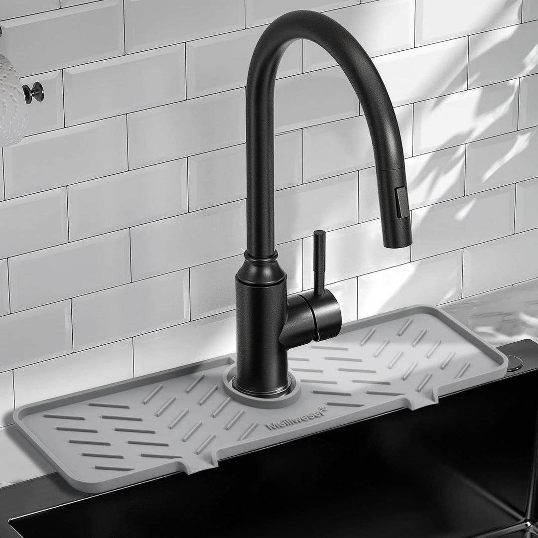 Silicone Faucet Mat for Kitchen Sink Gen 2 Splash Guard with Upgraded Outlet & Slope 18 x 5.1 Water Catcher & Sink Sponge Holder for Kitchen and Bathroom (Gray)