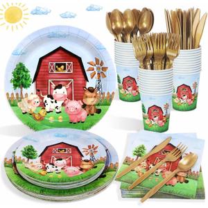 175 Pcs Farm Birthday Decorations Plates Set 25 Guests, Farm Animals Theme Baby Shower Watercolor Paper Plates Napkins Cups Cutlery Set Party Supplies