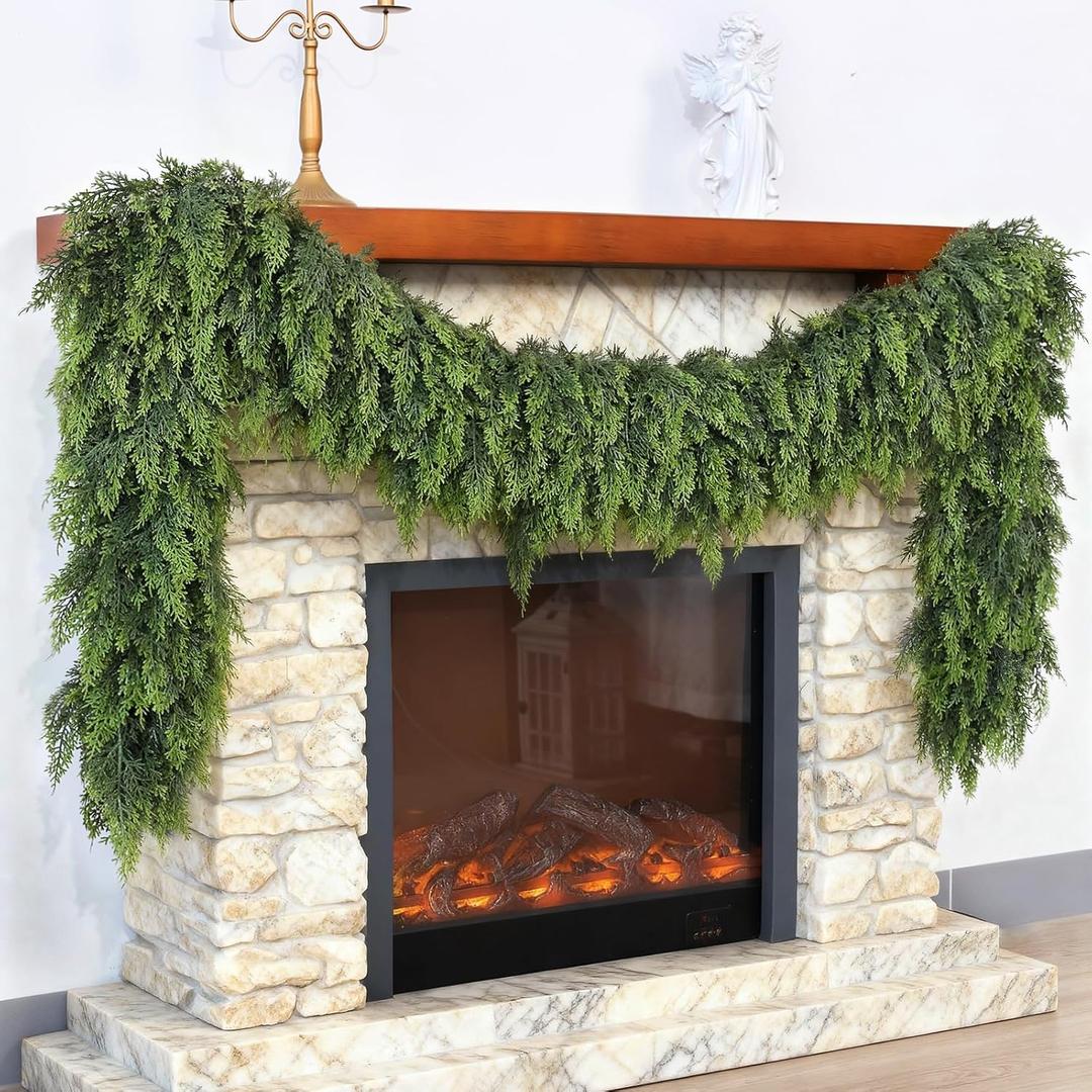 Christmas Cedar Garland - 9ft Artificial Cedar Garland Faux Lush Green Fake Pine Needles for Fireplace,Table,Window,Stairs,Mante,Holiday Indoor Outdoor Xmas Decor(1PC)