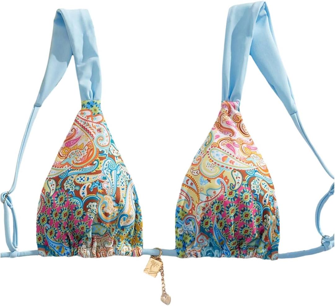 SOLY HUX Women's Triangle Boho Print Bikini Top Only Adjustable Straps Tie Backless Swimsuit Tops Beachwear (M)