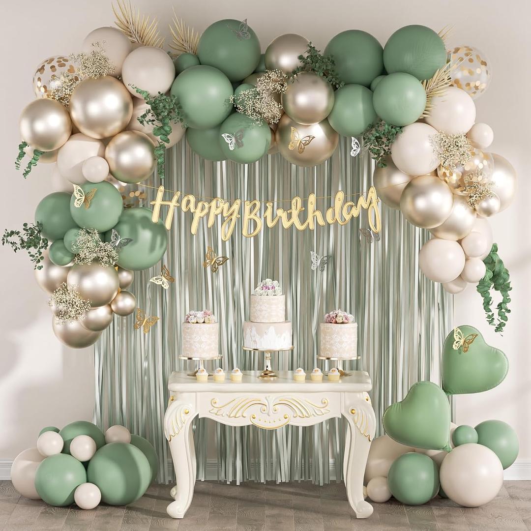 Sage Green Birthday Party Decorations with Happy Birthday Banner Green Fringe Curtain Butterfly Decorations Foil Balloons Happy Birthday Decorations for Women