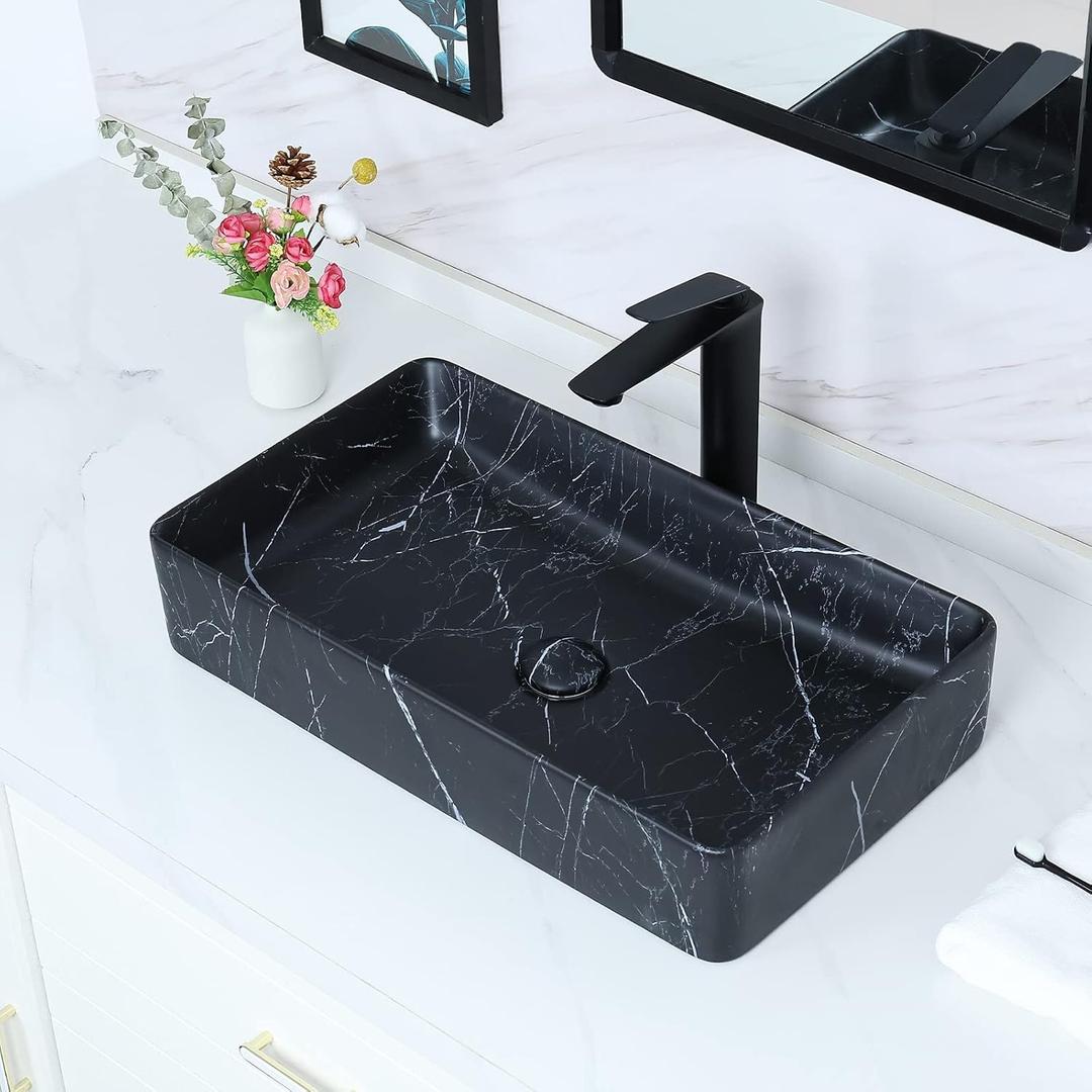 Davivy 23.6''x13.3'' Large Nordic Marbling Matte Black Rectangle Vessel Sink with Pop Up Drain,Bathroom Vessel Sinks,Bathroom Sinks Above Counter,Black Ceramic Vessel Sink for bathrooms (Large)
