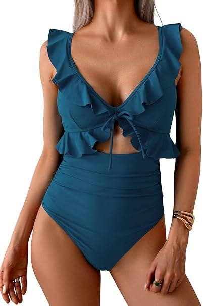 Eomenie One Piece Swimsuit for Women Tummy Control Ruffle Bathing Suit V Neck Ruched Swim Suit Slimming Cutout Swimwear, XL