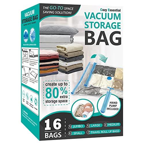 16 Pack Vacuum Storage Bags, Space Saver Bags (2Jumbo/2Large/3Medium/3Small/6Roll) Compression Storage Bags for Comforters and Blankets, Vacuum Sealer Bags for Clothes Storage, Hand Pump Included