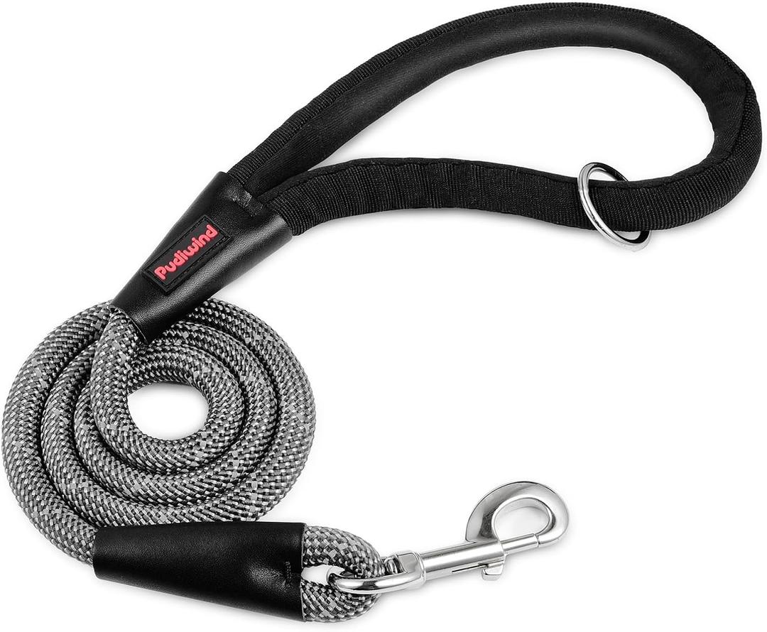 Rope Dog Leash 4 FT, 1/2 Inch Heavy Duty Round Dog Leash with Soft Padded Non-Slip Handle, Reflective Nylon Rope & Strong Metal Clip for Medium Large Giant Dogs,Black