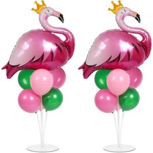 2 Sets Summer Tropical Flamingo Balloon Column Stand Kit with 102 Pink Green Flamingo Foil Balloons 5.57ft Balloon Tower Stand with Base Arch Column for Birthday Wedding Hawaiian Luau Party Decortions