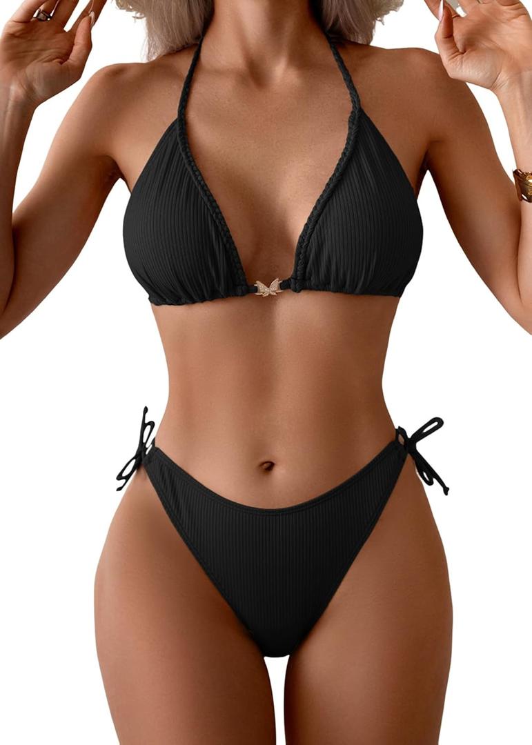 Eomenie Ribbed Bikini Sets for Women Sexy Halter Triangle Top Two Piece Bathing Suit Tie Side Swimsuit (Medium, Black)