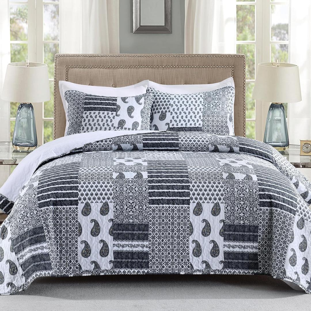 HIARUO Quilt Set Queen Size, 3 Pieces Bedspread Coverlet Plaid Patchwork Quilt Farmhouse Queen Size Comforter Set Lightweight Bedding with 2 Pillow Covers Shams for All Season Gray (Queen (90"x90"), Grey)