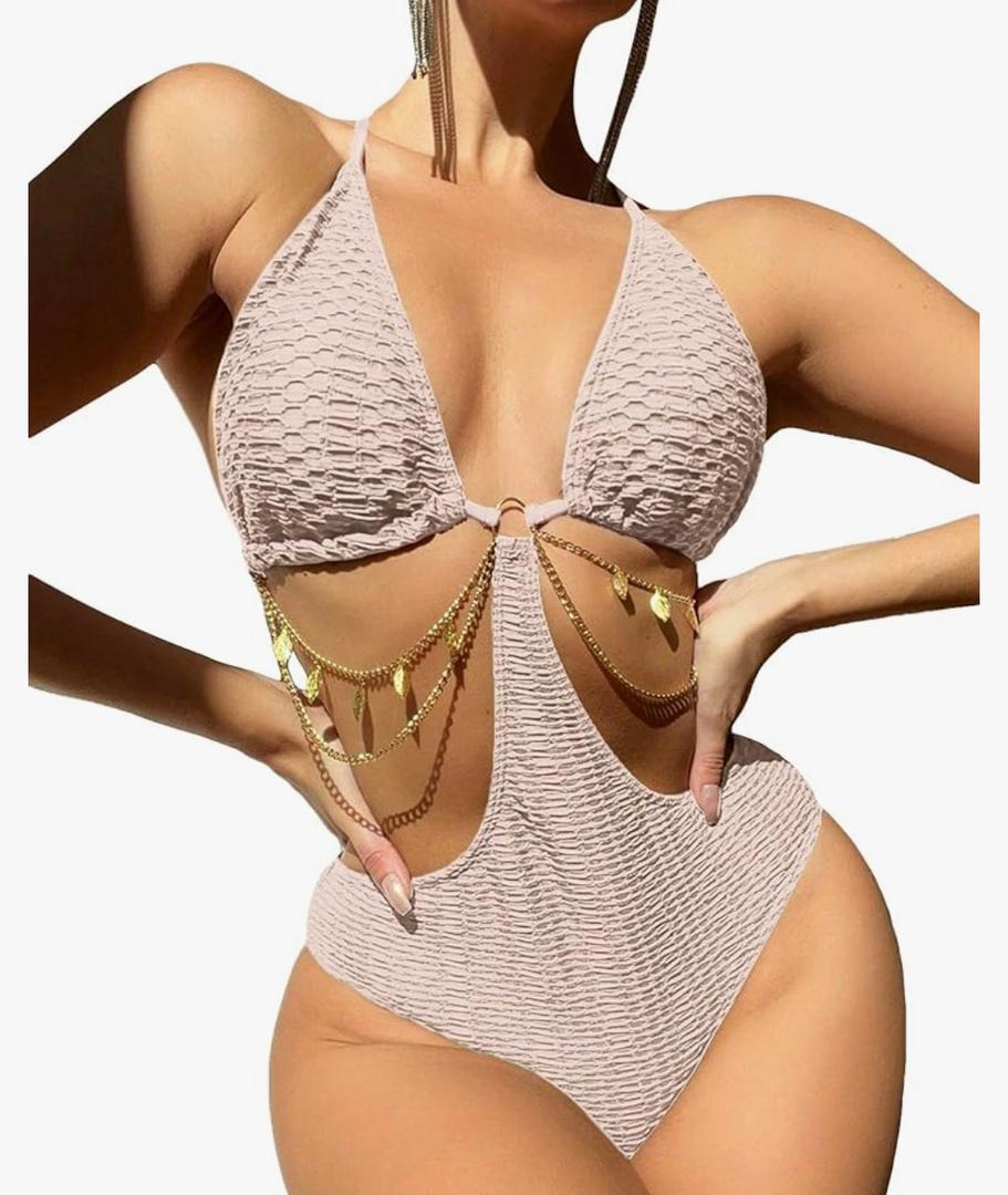 OYOANGLE Women's Chain Linked Cut Out Halter One Piece Swimsuit Tummy Control Bathing Suit, Pink, Medium