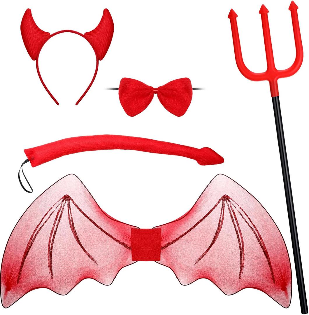 Ramede 5 Pcs Halloween Devil Costume Set Includes Devil Wings Trident Prop Bow Tie Tail Demon Horn Headband Accessories for Women Men Cosplay Carnival Themed Party Supplies, Red