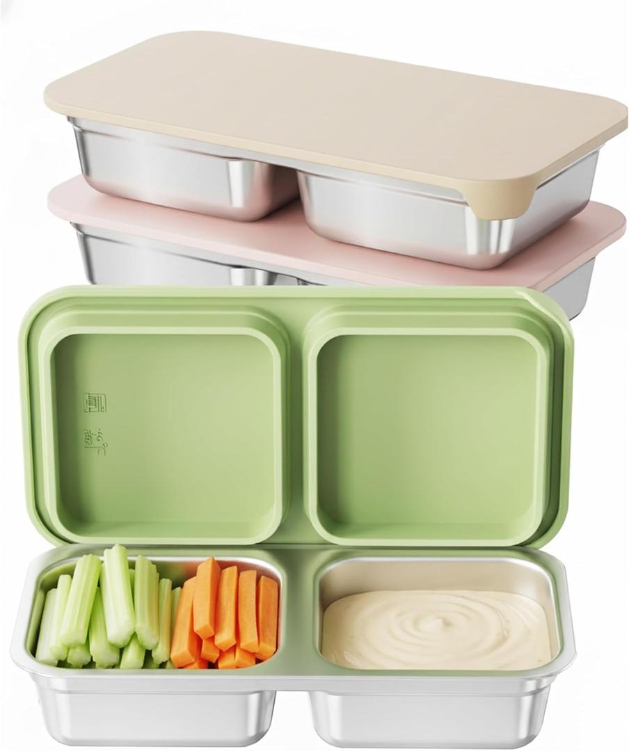 3 Pack Stainless Steel Snack Containers, 2 Compartment Reusable Snack Containers with Silicone Lids for Travel, Outdoor, Camping, Freezer & Dishwasher Safe