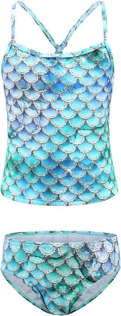 Girls Two Piece Tankini Swimsuit Hawaiian Ruffle Swimwear Bathing Suit Set (10-12 Years)