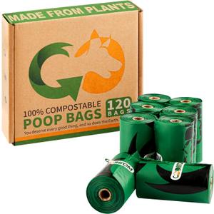 Certified 100% Home Compostable Poop Bags for Dogs, 120 Count Guaranteed Leak Proof and 18 Microns Extra Thick Waste Bag, 8 Rolls of Plant Based Doggie Poop Bag, No Scented with ASTM D6400 & EN13432 (Dark Green)