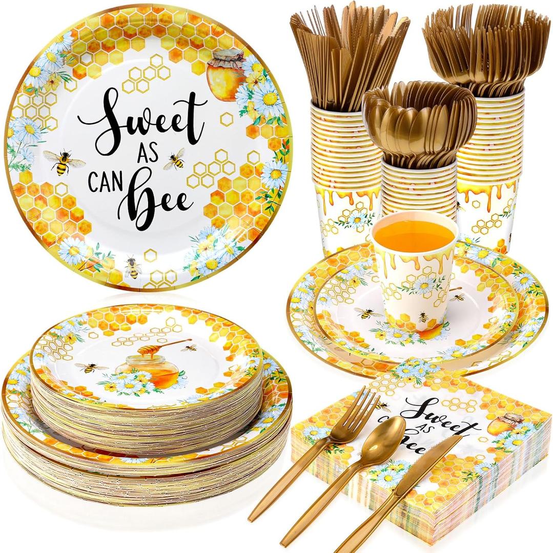 Ziliny 350 Pcs Baby Shower Party Supplies Sweet as Can Bee Paper Plates Napkins Cups and Plastic Cutlery Party Tableware Set for Honey Baby Shower Birthday Decorations, Serves 50