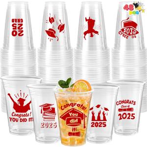 JOYIN 48 Pcs Red Class of 2025 Graduation Party decorations Cups, 16 Oz Disposable Plastic Cups, Grad Decor Party Supplies with 24 Fun Designs for College & High School Celebrations