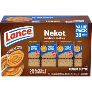 Lance Sandwich Cookies, Nekot Peanut Butter, 20 Individually Wrapped Packs, 6 Sandwiches Each (EXP 09/27/25)