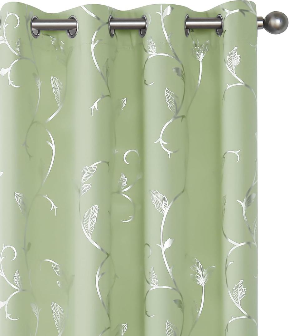 BUHUA Blackout Curtains Silver Foil Print Flower Vine Grommet Drapes, Room Darkening Thermal Insulated Curtains, Noise Reducing Curtain for Bedroom, Grass Green, 52Wx63L, 2 Panels