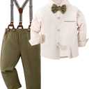 ZOEREA Toddler Baby Boy Suit Clothes Gentleman Wedding Outfits Long Sleeve Dress Shirt + Suspender Pants + Bowtie 1-5T (18-24 Months, Beige)