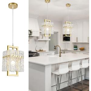 IKK Gold Crystal Pendant Light for Kitchen Island, Luxury Water Ripple Glass Chandelier Lights Fixture, Modern Elegant Adjustable Pendant Lighting for Dining Room Bedroom, E12 Bulb, L6.5'' x H11.8'' (Gold L7"*H12")