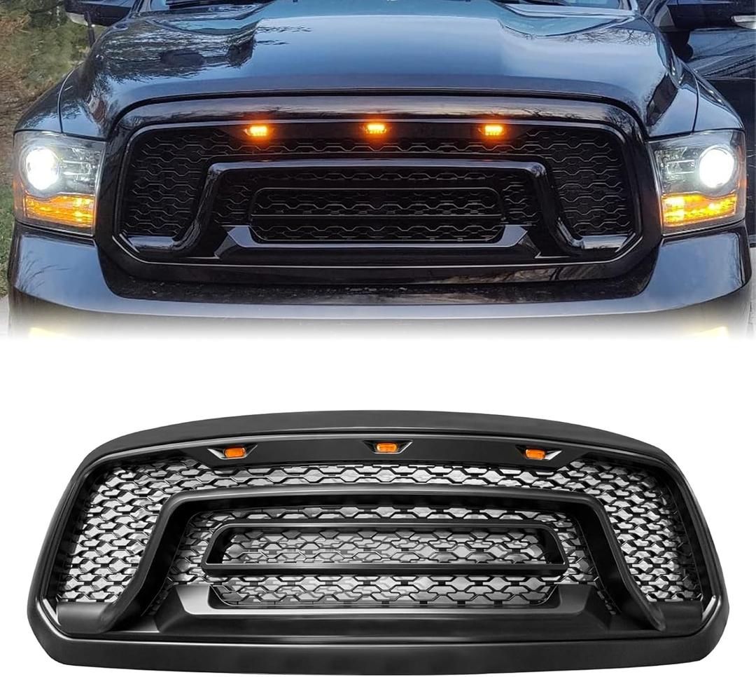 Front Mesh Hood Grill With Signal Lights For 2013-2018 Dodge Ram 1500 2019-2023 Ram 1500 Classic Front Bumper Hood Upper Grill Cover (2013-2018)