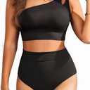 Two Piece High Waisted Swimsuits for Women - One Shoulder Bikini Tummy Control Bathing Suit 2025 Full Coverage Swimwear (Large, Black)