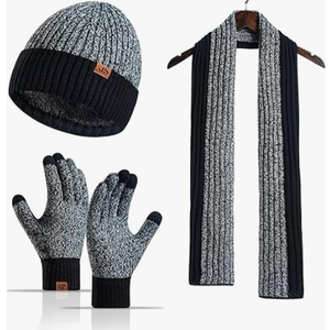 Winter Hats Scarf Set for Men Touchscreen Gloves Warm Knit Beanie Hat Scarves with Fleece Lined Cap (Black)