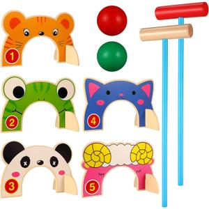 Toddmomy Animal Wooden Croquet Set for Kids - Complete Family Indoor Outdoor Game with 5 Animal Wickets & 2 Mallets - Safe Educational Learning Toy & Gift for Toddlers Boys Girls 3-6, 40X8CM
