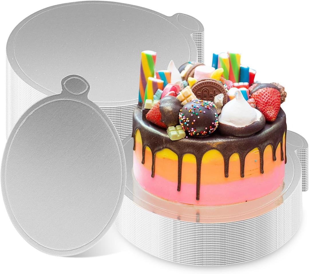 4 Inch Mini Cake Boards 50 Pack Silver Mini Dessert Plates Round Disposable Cardboard Plates for Cake DIY, Baking Dessert Party Wedding Birthday (Silver)