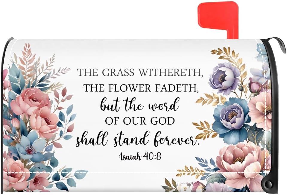 TOUNER The Grass Withereth The Flower Fadeth Bible Verse Mailbox Covers, Christian Magnetic Letter Box Wrap, Christian Jesus Post Box Decor for Outdoor Garden Yard, Mailbox Decor Gifts for Friends