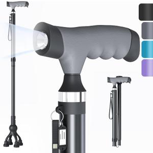 Walking Cane with LED Light for Seniors Men Women, Adjustable Folding Canes for Elderly, Ergonomic Handle & All Terrain Shock Absorbing Base, Walking Sticks for Indoor Outdoor Travel Hiking Support (Black)