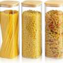 82 Oz Glass Storage Containers with Bamboo Lids, Square Glass Canister Sets Clear Glass Pantry Storage Containers with Lids for Cookie Flour Oat Pasta Tea Coffee Bean, Set of 3