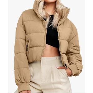 MEROKEETY Women's 2025 Winter Cropped Puffer Jacket Long Sleeve Oversized Stand Collar Zip-Up Short Coat, Medium, Khaki 